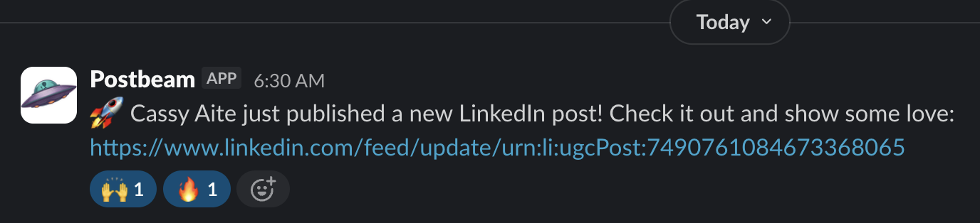 A Slack notification nudging the team to engage with a new post
