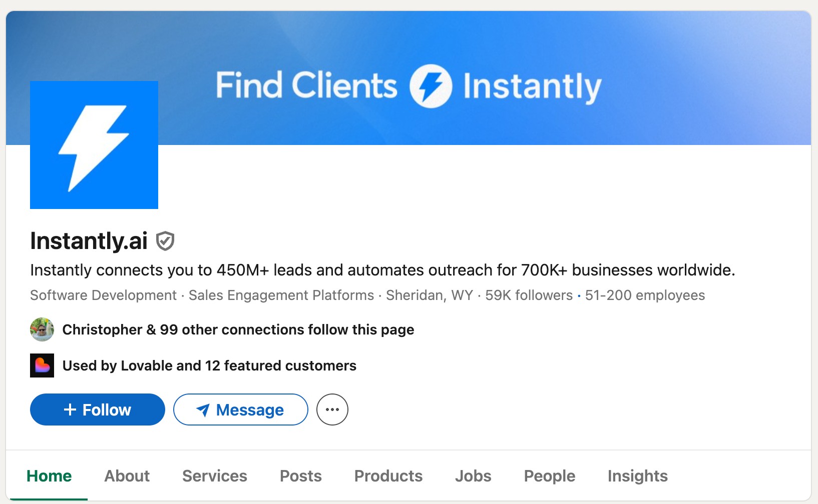 Instantly.ai LinkedIn company page (59K followers, 51-200 employees)