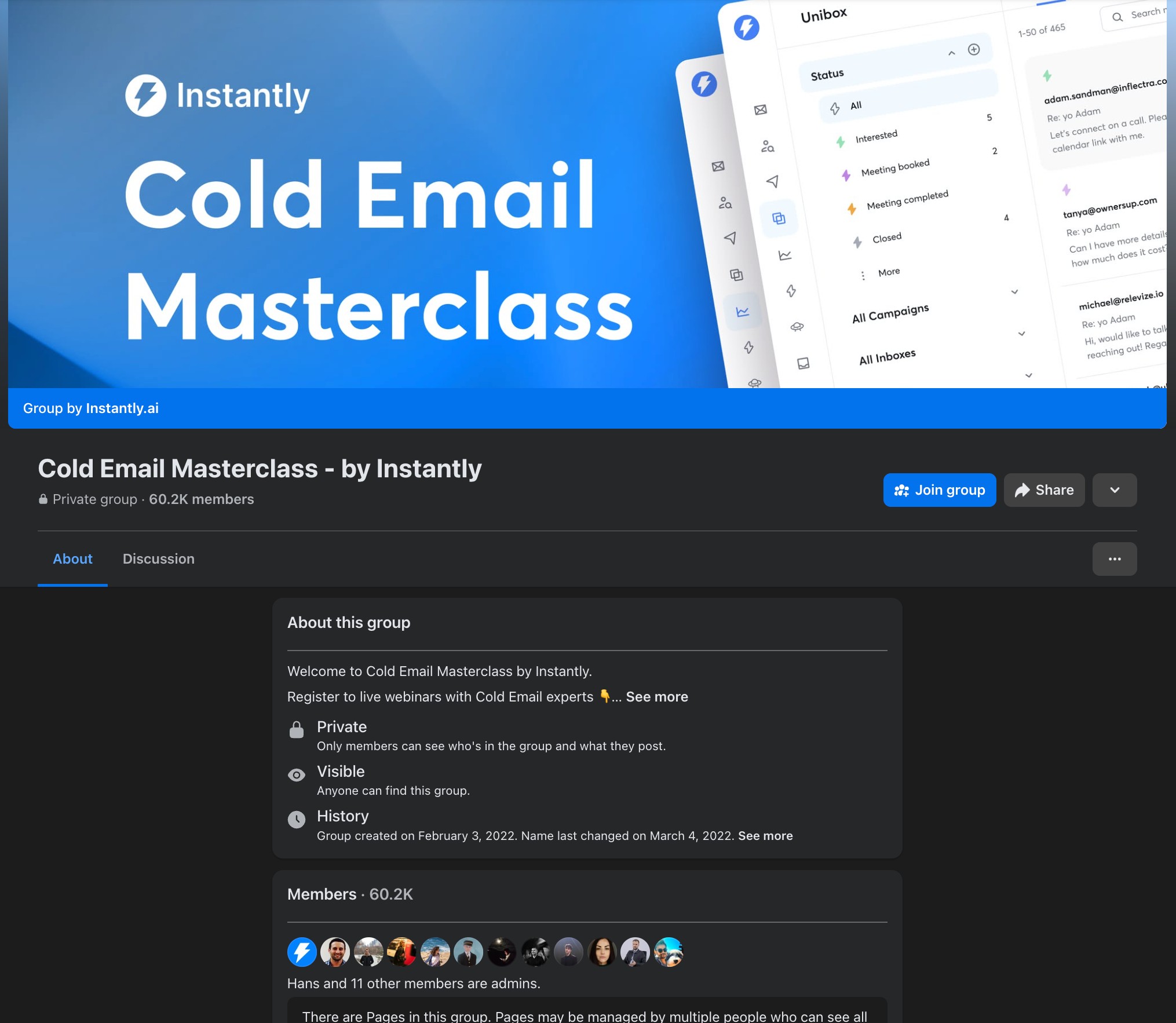 Cold Email Masterclass Facebook group by Instantly (60.2K members)