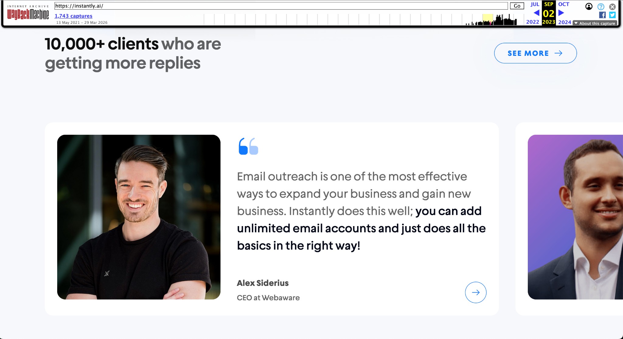 Instantly.ai testimonials section: 10,000+ clients who are getting more replies