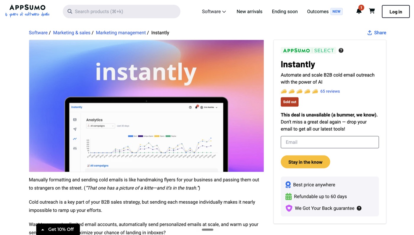 Instantly's AppSumo listing page (now sold out) with 65 reviews and AppSumo Select badge