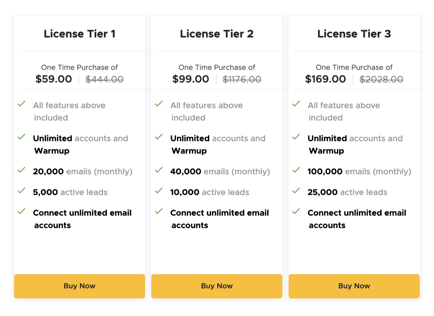 Instantly AppSumo three pricing tiers: License Tier 1 at $59, Tier 2 at $99, Tier 3 at $169 with unlimited accounts and warmup